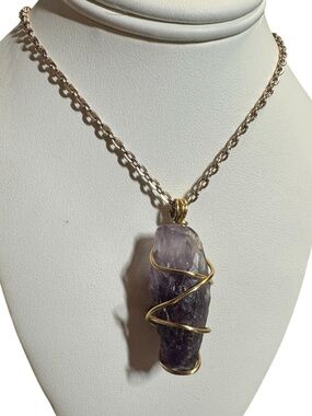 Amethyst Crystal Pendant Necklace with Gold Wrap